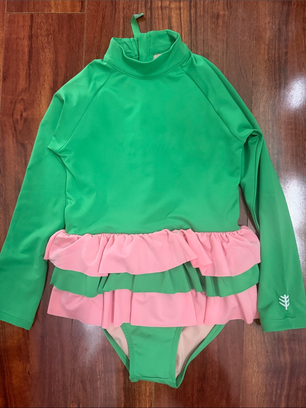 Coolibar Girls' Green & Pink Long-Sleeve Ruffle Swimsuit size small